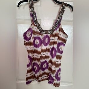 Trina Turk Beaded Ikat Tank Top Medium Purple Brown Cotton Lined